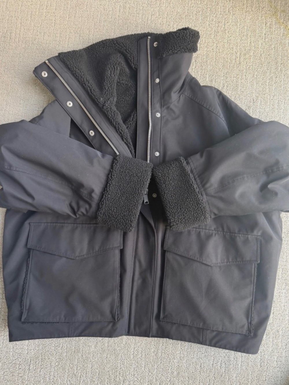& Other Stories Stockholm Aviator Jacket Womens Large Black New Wool Shearling